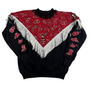 Vintage Hanes Her Way Sweater Womens Large Western Fringe Boots Cowgirl 90s USA